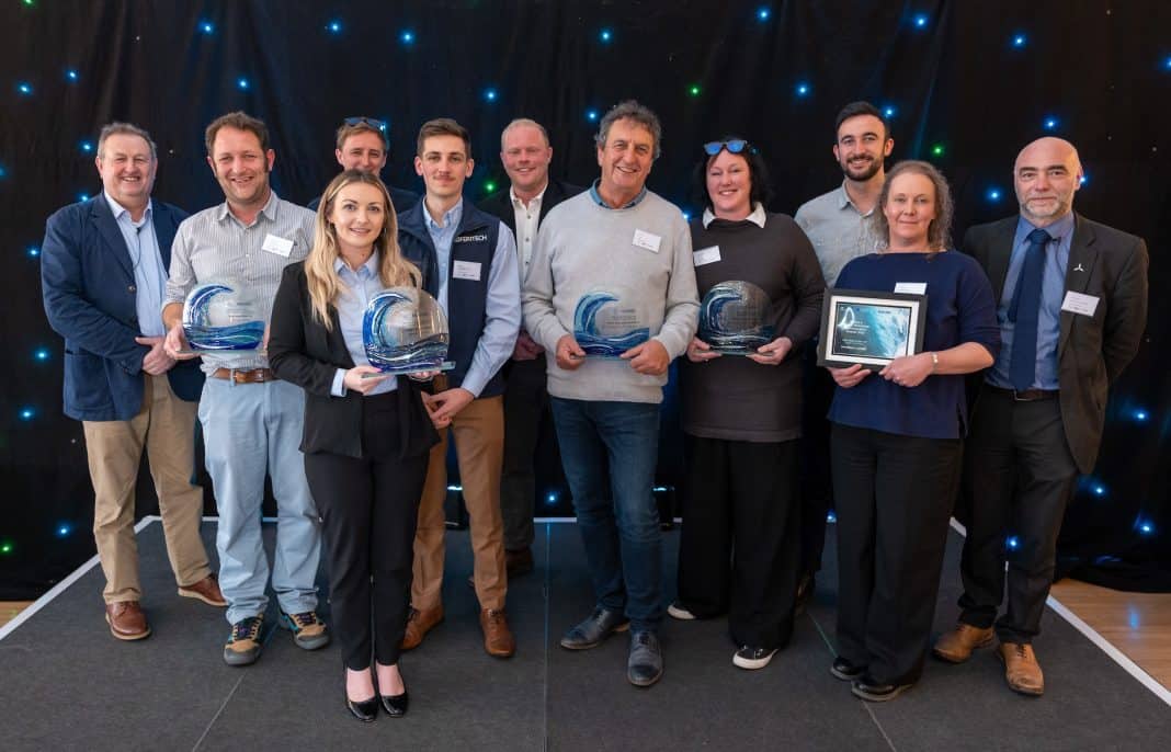 Winners of the Marine-i Technology and Innovation Awards, (Feritech Global, Tugdock, Biome Algae, Morek and MintMech) with Simon Cheeseman of Offshore Renewable Energy Catapult (on left) and Prof Lars Johanning, Marine-i Programme Director (on right).