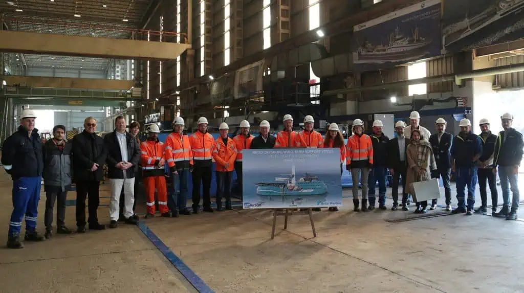 Acta Marine completed the steel-cutting ceremony for the second next-generation Methanol MDO/HVO powered DP2 Construction Service Operating Vessel at Tersan.