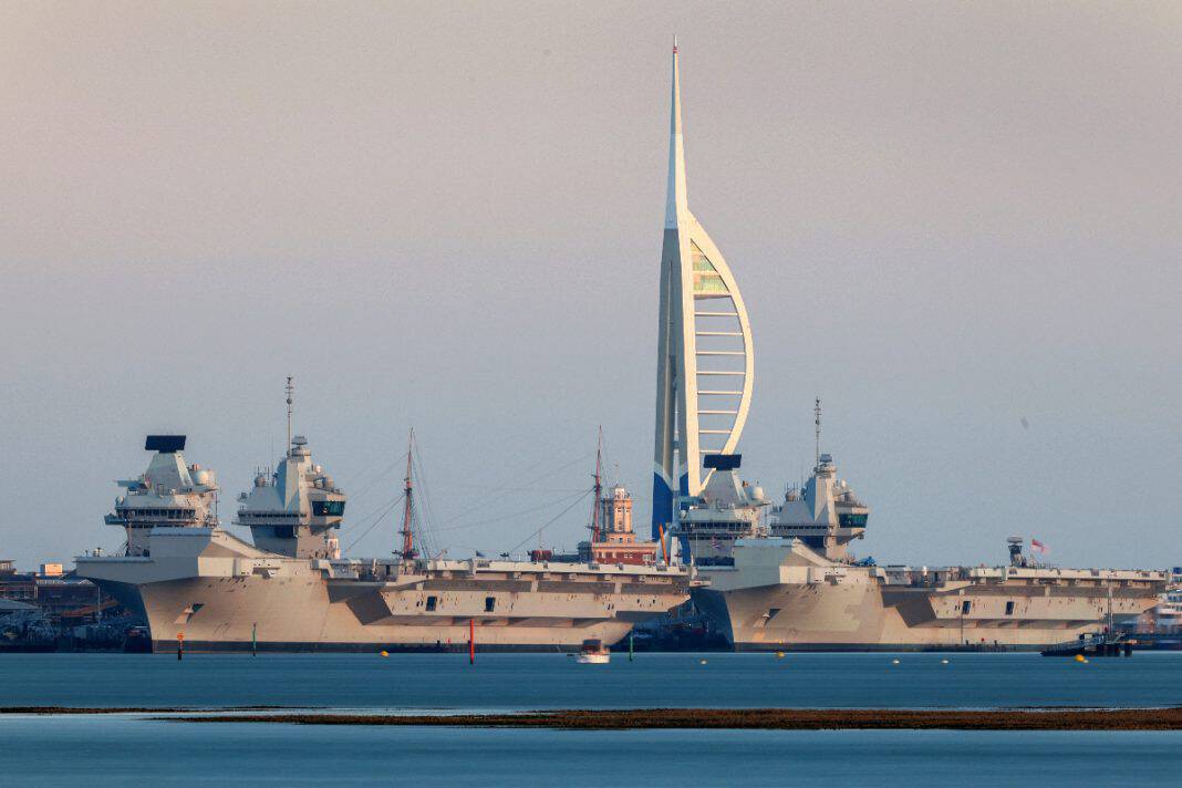 'Aircraft Carrier HMS Queen Elizabeth (RO8) returns back to her homeport of Portsmouth' courtesy of MOD 'Crown Copyright'.