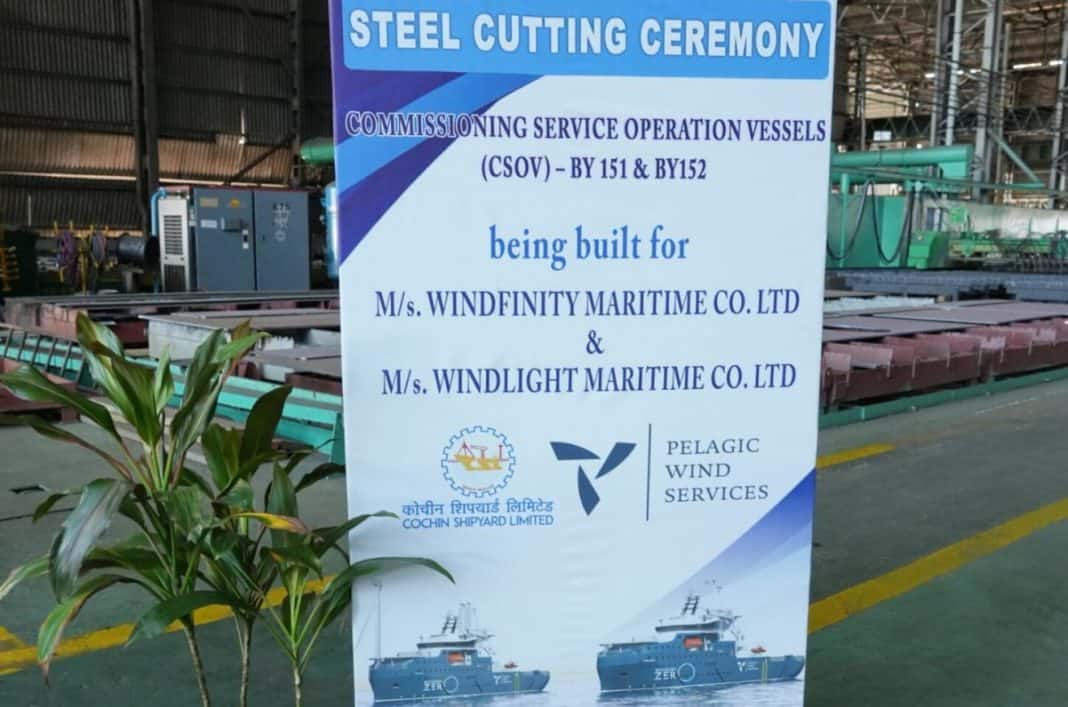 The ceremony incorporated traditional Indian customs, providing Andre Groeneveld, Managing Director of PWS, with an opportunity to experience them before initiating the steel cutting process. In attendance were dignitaries including the Minister of State for Ports, Shipping & Waterways and Tourism Mr. Shri. Shripad Naik, the Chairman of CSL Mr. Shri Madhu S Nair, along with representatives from Pelagic Wind Services, DNV, Kongsberg Maritime, Arctic Offshore and Cochin Shipyard. 