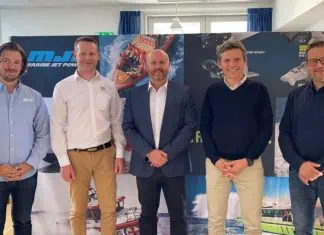 Representative of Stone Marine pictured with Marine Jet Power CEO. (L-R) Henrik Lindholm, MJP. Thomas Panter, Stone Marine. Ryan McIntyre, Stone Marine. Jonas Tegström, MJP. Niklas Widemark, MJP.