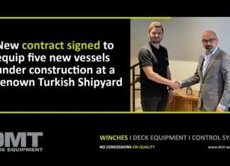Lead sales engineer at DMT, Adrian-Marius Paraschiv, project manager Cosmin Teodor Negoita and Ertuğrul ÇETİN, Procurement & Technical Group Director at Med Marine, have marked the moment of signing the contracts for equipping two of the vessels.
