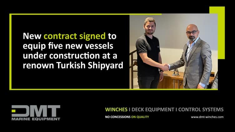 Lead sales engineer at DMT, Adrian-Marius Paraschiv, project manager Cosmin Teodor Negoita and Ertuğrul ÇETİN, Procurement & Technical Group Director at Med Marine, have marked the moment of signing the contracts for equipping two of the vessels.