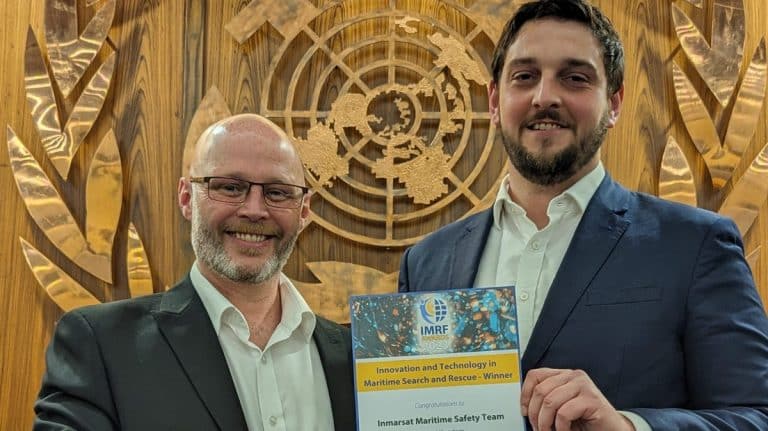 Pictured (l-r) John Dodd, Director of Safety Services and Roger Barry, Safety Engineering Manager, Inmarsat Maritime, with the IMRF Award certificate Inmarsat