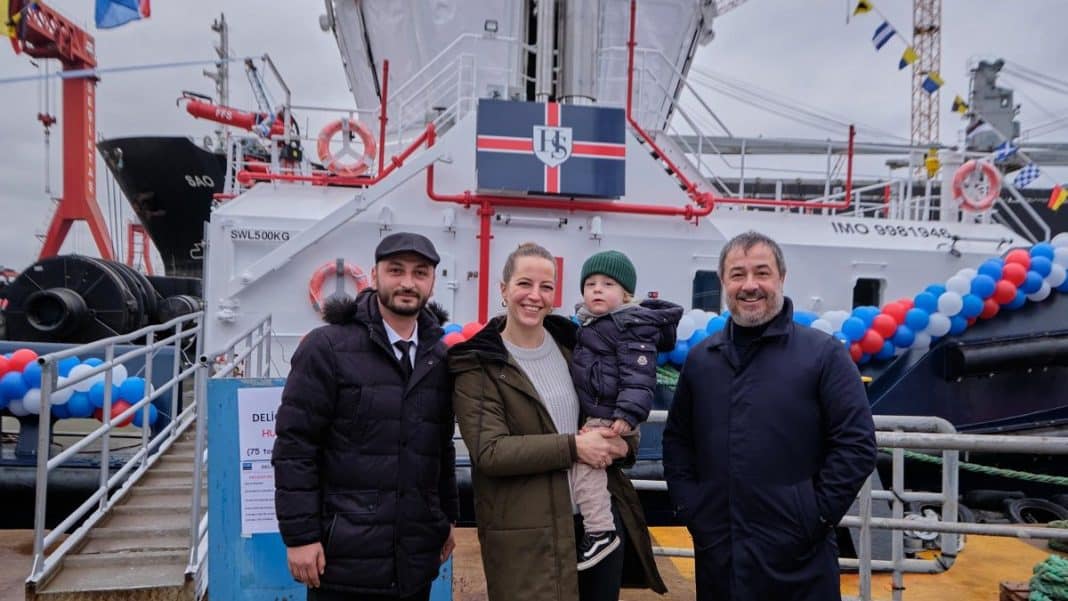Godmother names powerful new Sanmar harbour tug after her son