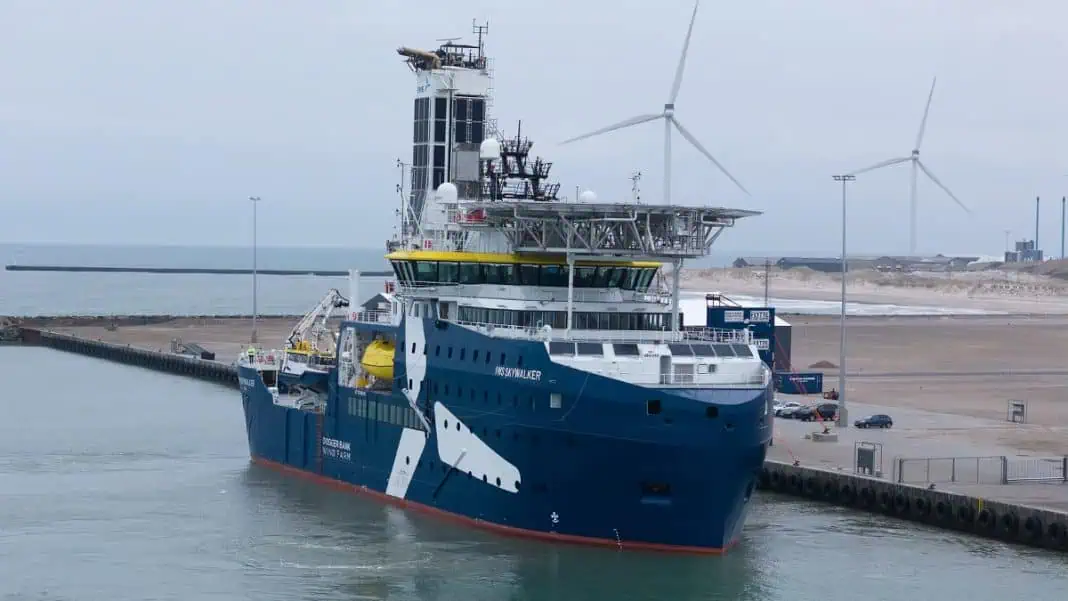 The IWS Skywalker is the latest Kongsberg Maritime vessel design. The state-of-the art windfarm commissioning service operation vessel (CSOV) will soon start operations in the North Sea.