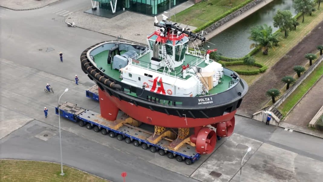 Damen Shipyards Group launched the second of its fully electric tug RSD-E tug 2513The tug is being built for the Port of Antwerp-Bruges