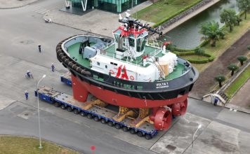 Damen Shipyards Group launched the second of its fully electric tug RSD-E tug 2513The tug is being built for the Port of Antwerp-Bruges