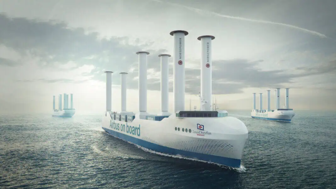 BERG Propulsion's hybrid solution will ensure three wind-assisted Louis Dreyfus ro-ro ships maximize efficiency, whatever their mode of operation © Airbus / Louis Dreyfus Armateurs / Norsepower