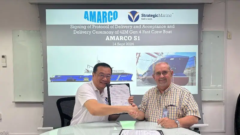 Strategic Marine, a leading aluminium shipbuilder, is proud to announce the successful delivery of the Amarco S1, marking a significant milestone in the partnership with Bruneian offshore operator Amarco Sdn Bhd (AMARCO). This delivery showcases Strategic Marine’s expertise in designing and building the latest 4th Generation Fast Crew Boat (FCB) for long-term operations in Brunei’s offshore oil and gas sector.