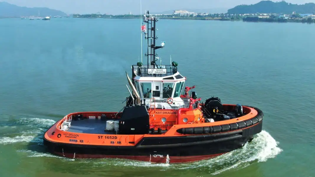 KST Maritime announce the arrival of KST DRAGON to her home port of Singapore. A Robert Allan designed RAmparts 2500-CL ship handling and escort tug, built by Cheoy Lee Shipyards.