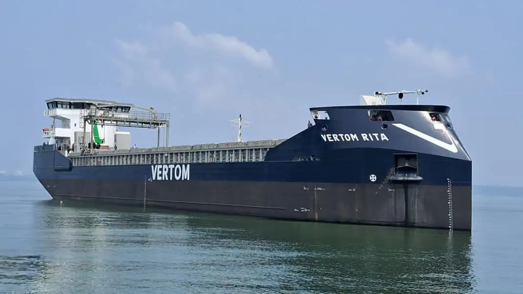 Vertom Group is pleased to announce the successful delivery of MV Vertom Rita, the first of a series of 12 diesel-electric short sea vessels ordered from Chowgule Shipyards in India.