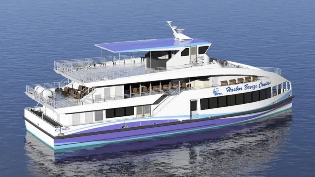 All American Marine (AAM), in collaboration with Harbor Breeze Cruises, is proud to announce an agreement to design and construct a new 108’ x 32.5’ hybrid passenger vessel. This cutting-edge vessel will be deployed in the ports of Los Angeles and Long Beach, California, offering harbor tours, whale-watching cruises, and dinner events in and around the Los Angeles/Long Beach port complex.