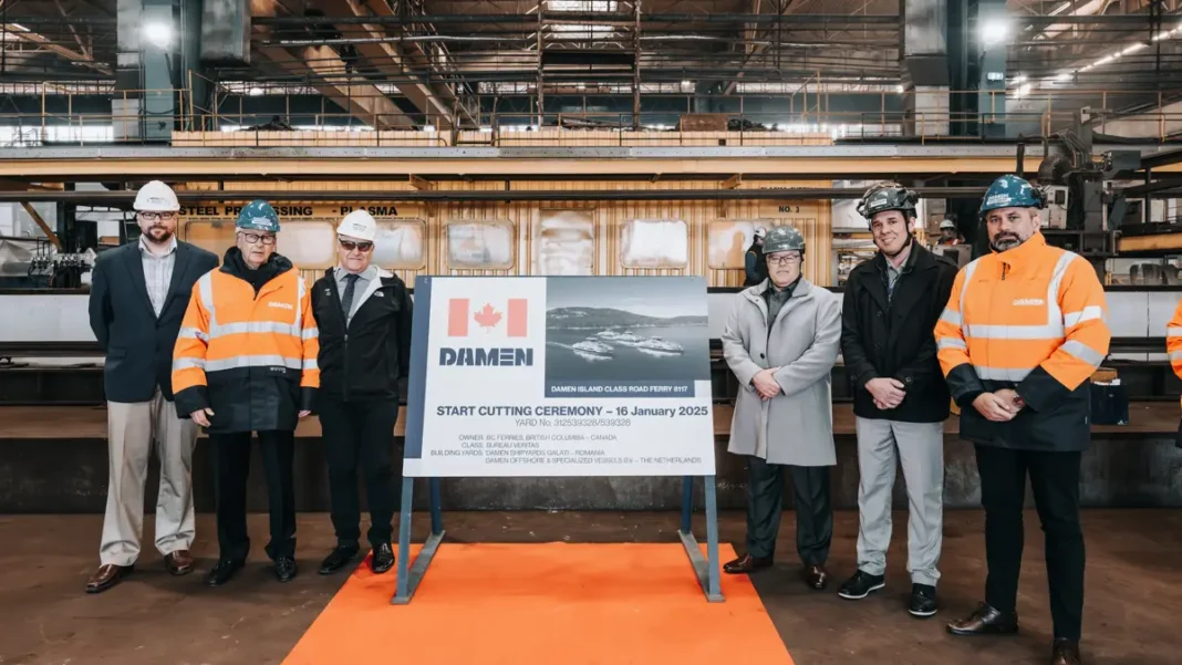 On 16th January, Damen Shipyards Galati cut steel on the third vessel in an order of four Island Class Ferries from Canada’s BC Ferries. At the same time, another vessel in the series reached the grand block assembly stage of construction at the yard. The vessels, based on Damen’s double-ended 8117 E3 Ferry, will be the first fully electric ferries to sail in the organisation’s fleet. They will bring the total number of Damen vessels operated by BC Ferries to ten.