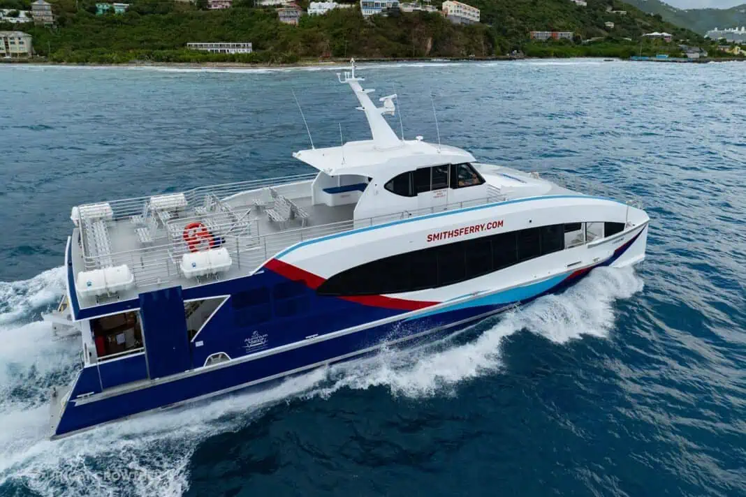 Incat Crowther, a leading naval architecture and marine engineering firm, has designed a state-of-the-art 24-metre passenger fast ferry for Caribbean operator Smith’s Ferry Services. Built by Aluminium Marine in Brisbane, Australia, the new ferry is designed to transport 149 passengers at speeds of up to 28 knots and will operate on the busy Charlotte Amalie (U.S. Virgin Islands) to Road Town (British Virgin Islands) tourism route.