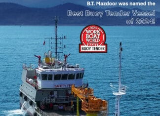 MED MARINE, a global leader in tugboat and specialized vessel construction, has been honored with the Best Buoy Tender Award 2024 by Work Boat World of Baird Maritime for its standout vessel B.T. Mazdoor. The accolade recognizes the buoy tender’s innovative design, exceptional performance in challenging conditions, and contribution to maritime safety and efficiency.