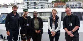 Dr Iain Percy (Founder and CEO of Artemis Technologies), Alexandra Beaumont (Head of UK Shore, Maritime Decarbonisation, at the DfT), Lola Fadina (Director of Maritime at the DfT), Fran Collins (CEO of Red Funnel), David Goss (Head of Maritime Passenger and Economic Recovery at the DfT)