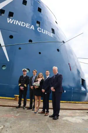 From left: Rainer Müller, Captain of 'Windea Curie'; Johann Schulte, Chief Commercial Officer of Bernhard Schulte; godmother M. Hoesch; Martinus Warholm, Project Manager at Ulstein Verft, Lars Lühr Olsen, Managing Director at Ulstein Verft.   