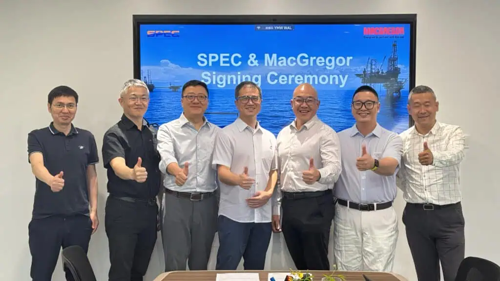 From left to right, the people in the photo are: Mr. Zheng Haian - Technical Consultant from SPEC, Mr. Huangfeng - Purchasing manager from SPEC, Mr. Zhang Hongliang - Deputy CTO from SPEC, Mr. Gary Weng - GM & CTO from SPEC, Mr. Lee seng - MacGregor Singapore, Mr. Quentin Zhang - Deputy GM from SPEC, Mr. Liu Fuchun - MacGregor China