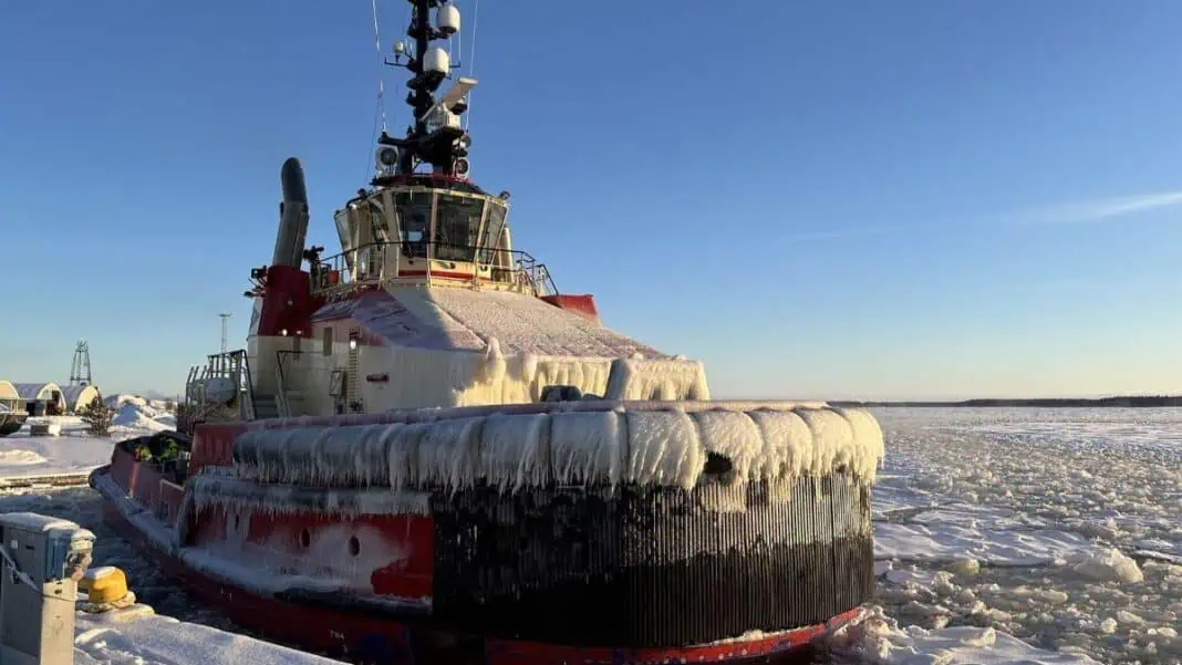 The damen ice-class tug Victoria, the first vessel in its new Azimuth Stern Drive (ASD) Tug 3413 ICE design. Engineered for consistent operations in ice-covered waters, Victoria is equipped with two Steerprop SP 60 Contra-Rotating Propellers (CRP) ECO propulsors,