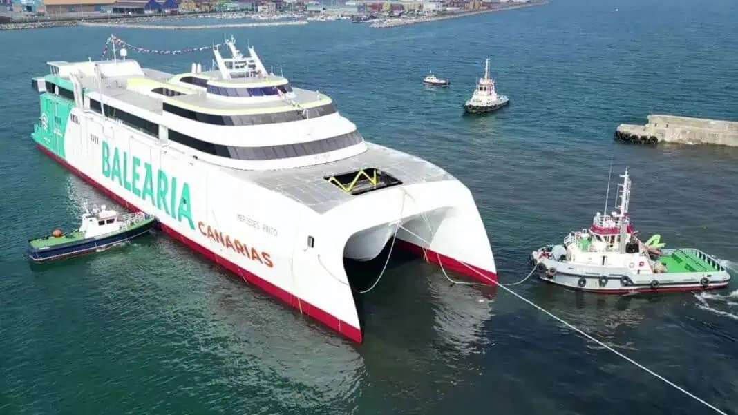 The Mercedes Pinto, the third in a series of 123-metre dual-fuel Ro-Pax fast ferries designed by Incat Crowther for Spanish operator Baleària, has been successfully launched by shipbuilder Astilleros Armon.