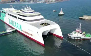 The Mercedes Pinto, the third in a series of 123-metre dual-fuel Ro-Pax fast ferries designed by Incat Crowther for Spanish operator Baleària, has been successfully launched by shipbuilder Astilleros Armon.