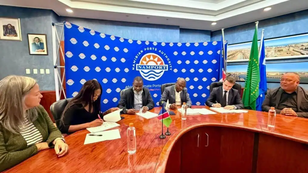 Representing NAMPORT, Chief Executive Officer Mr. Andrew Kanime signed the contract, while Mr. Ali Can Çiftçi, Chief Legal Counsel of MED MARINE, represented the shipbuilder. The ceremony was also attended by Mr. Richard Ibwima (Executive Operations, NAMPORT), Ms. Evelina Tomas (Chief Legal Adviser / Company Secretary, NAMPORT), Ms. Malani De Klerk (Manager Procurement, NAMPORT), and Mr. Anthony Abrahams (MED MARINE Agent / Namibia Ship Broker).