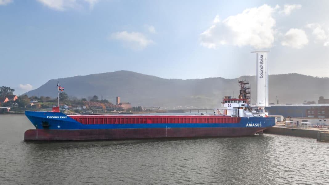 bound4blue, a developer of wind-assisted propulsion systems and Amasus Shipping have successfully completed the installation of a 22-metre eSAIL® on the general cargo vessel Fluvius Tavy at Astander Shipyard in Santander, Spain.