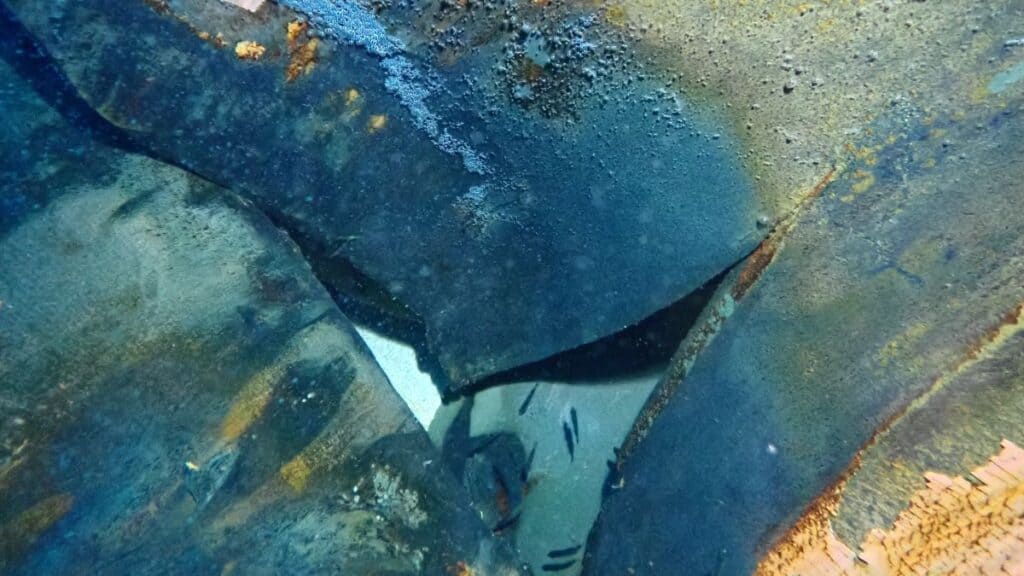 Severe grounding damage on the bottom hull plating of the roro ship.