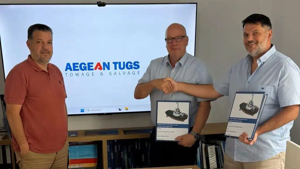 From left to right: Michael Psarompas (Managing Director, Aegean Tugs Shipping Company), Peter Anssems (Sales Manager, Damen), Capt. Ioannis Psarompas (Vice Chairman & Shipping Division Manager, Aegean Tugs Shipping Company)