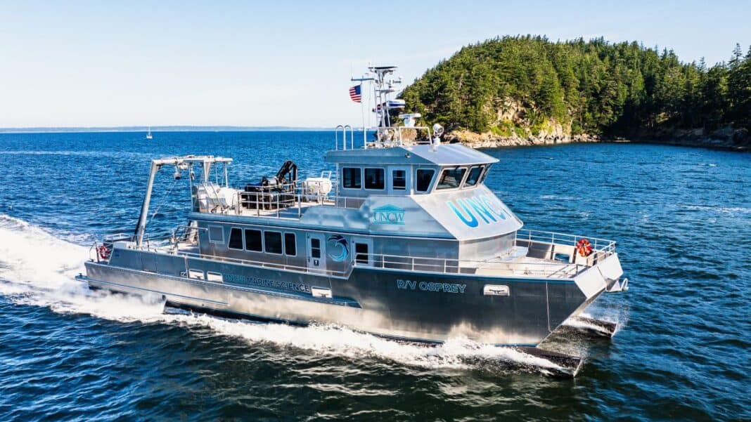 All American Marine (AAM) announces the delivery of a 78-foot aluminum research vessel commissioned by the University of North Carolina Wilmington (UNCW). Following successful sea trials at AAM’s Bellingham, WA facility, R/V Osprey has arrived in Florida and is currently making her way up the coast to her home port of Wilmington, NC. There, she will support UNCW’s faculty, students, and research partners conducting scientific and educational missions along the Mid-Atlantic, U.S. East Coast, and offshore waters.