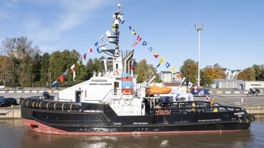 Finnish towage and salvage specialist Alfons Håkans has officially named its new harbour tug Poseidon at a ceremony in Turku, marking the latest addition to the company’s growing fleet. According to Alfons Håkans, Poseidon is the most powerful harbour tug ever built for Finland and the Baltic countries, combining high power with a high ice class designed to support operations in demanding Baltic conditions.