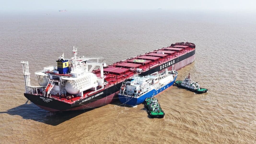 A liquefied gas carrier originally designed by FKAB Marine Design has completed what Jiangsu Andefu Energy Development describes as the world’s first commercial ship-to-ship bunkering operation using green ammonia.